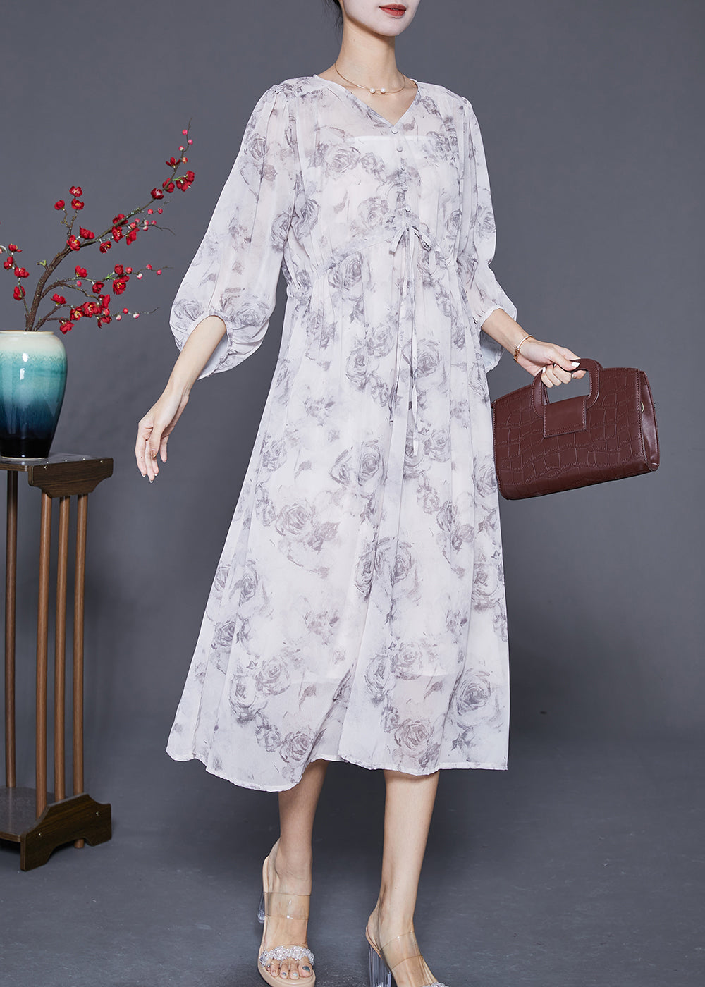 White Cinched Rose Print Chiffon Party Dress Summer