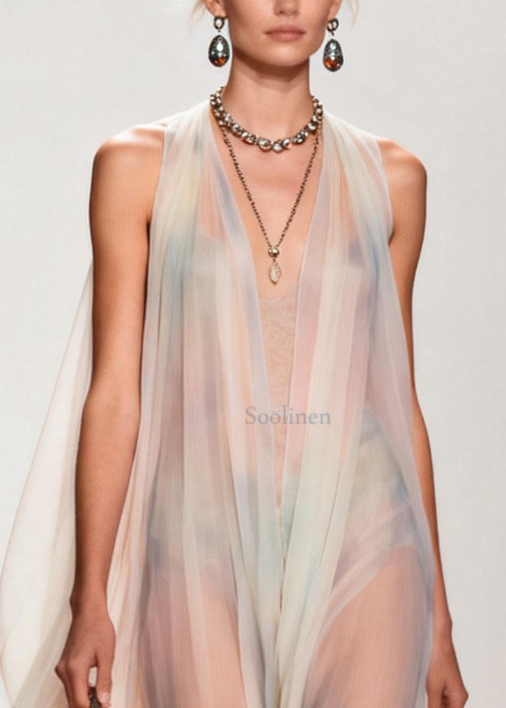 White Cold Shoulder Exra Large Hem Chiffon Beach Dress Summer