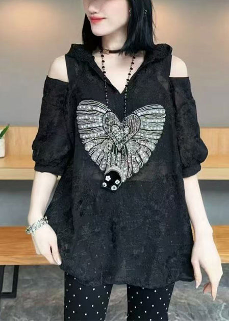 White Cold Shoulder Jacquard Cotton Hoodie Tops Summer
