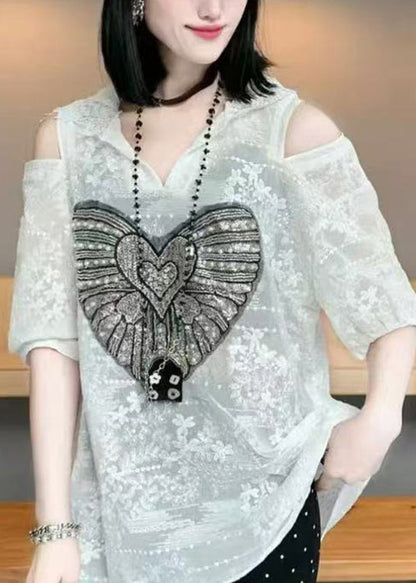 Women White Cold Shoulder Jacquard Cotton Hoodie Tops Summer