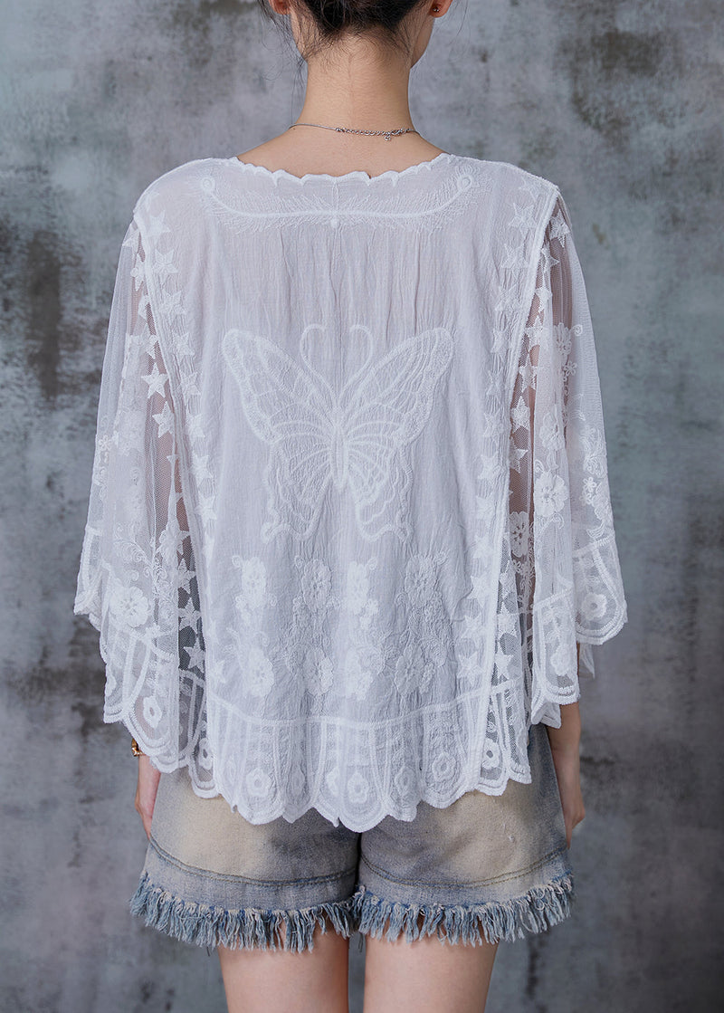 White Embroidered Butterfly Cotton Blouses Summer