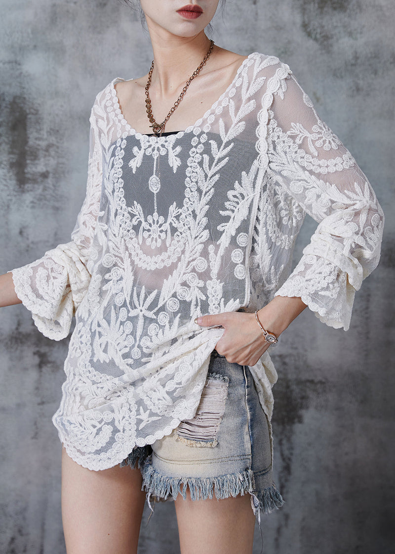 White Embroidered Hollow Out Tulle Long Smock Summer