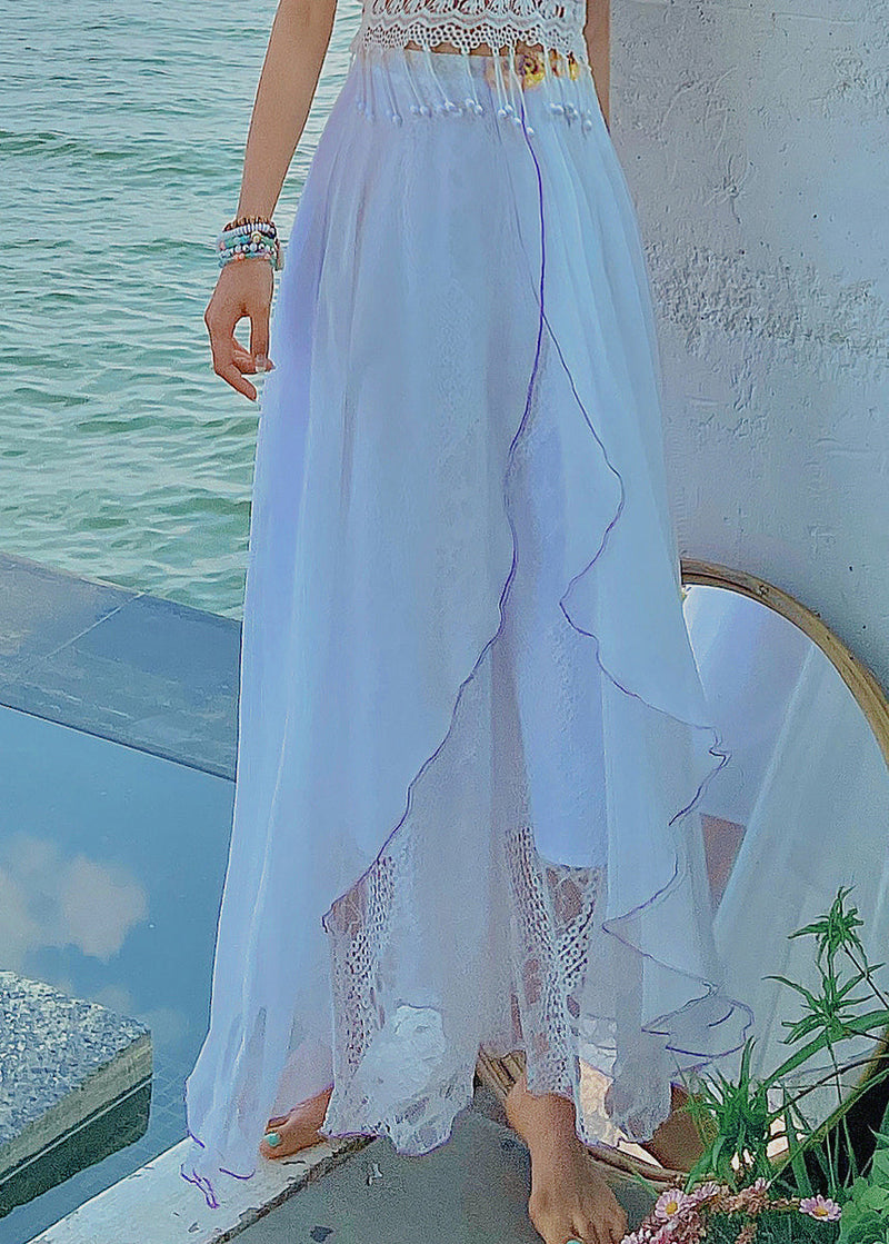 White Embroidered Lace Chiffon Thin Crop Pants Summer