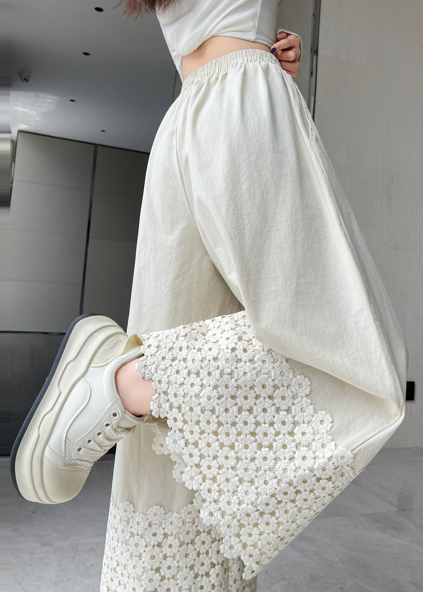 White Embroidered Patchwork Cotton Pants Spring