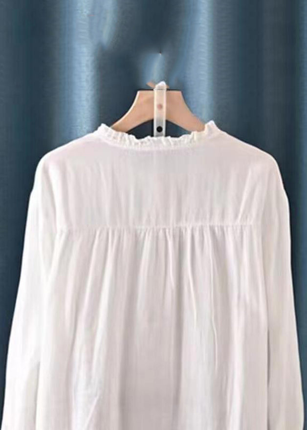 White Embroidered Ruffled Button Cotton Shirt Spring