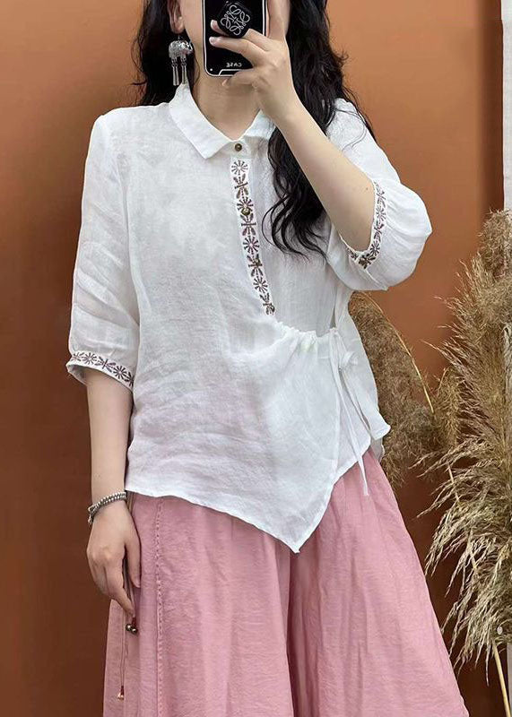 White Embroideried Lace Up Patchwork Linen Shirt Top Summer