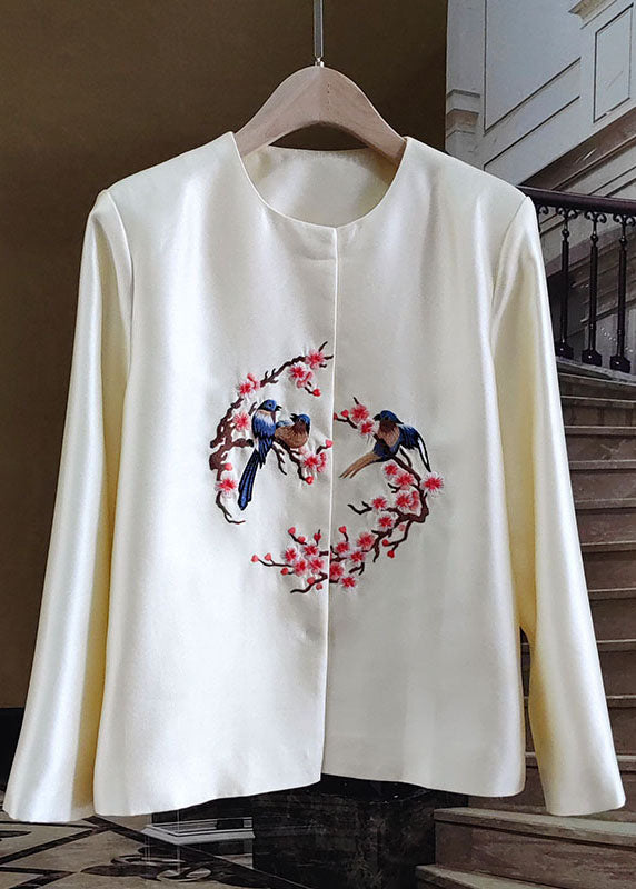 White Embroideried Patchwork Silk Outwear Long Sleeve