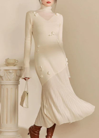 White Hign Neck Patchwork Slim Fit Knit Sweater Dress Spring