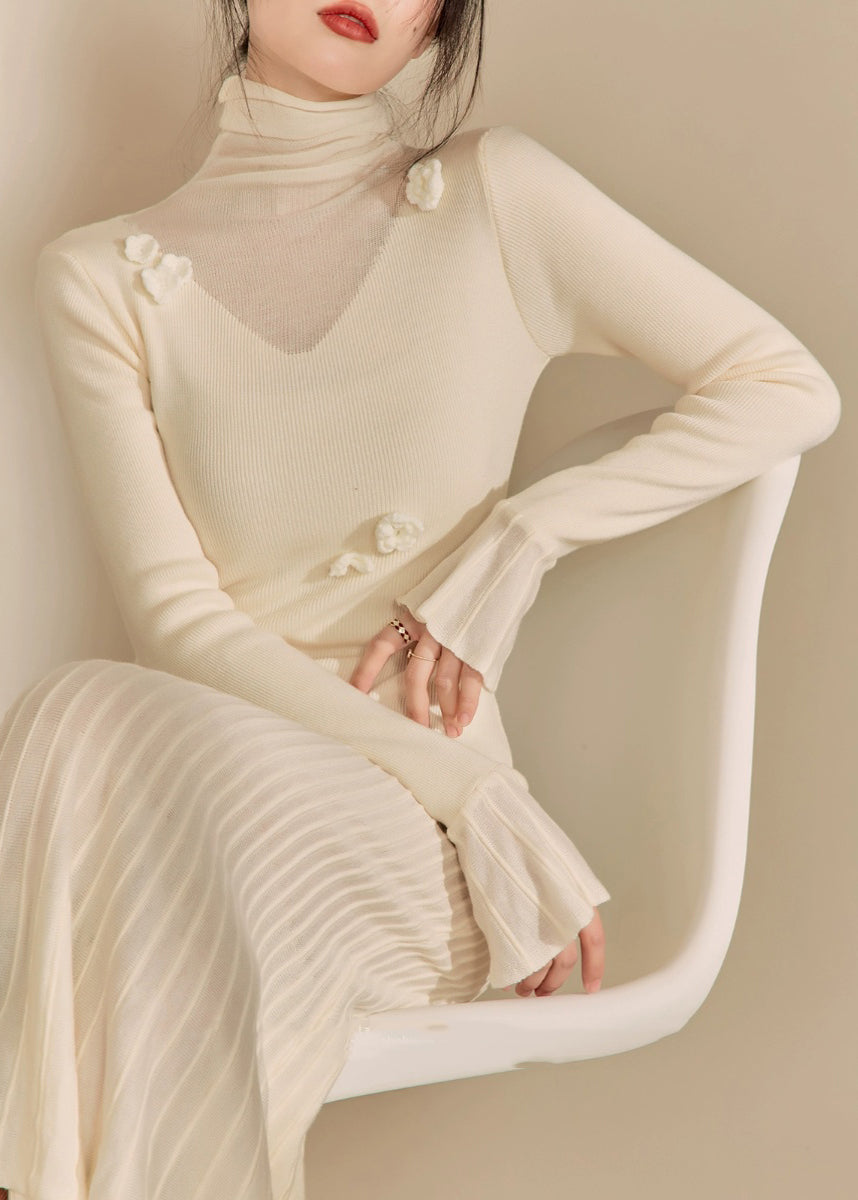 White Hign Neck Patchwork Slim Fit Knit Sweater Dress Spring
