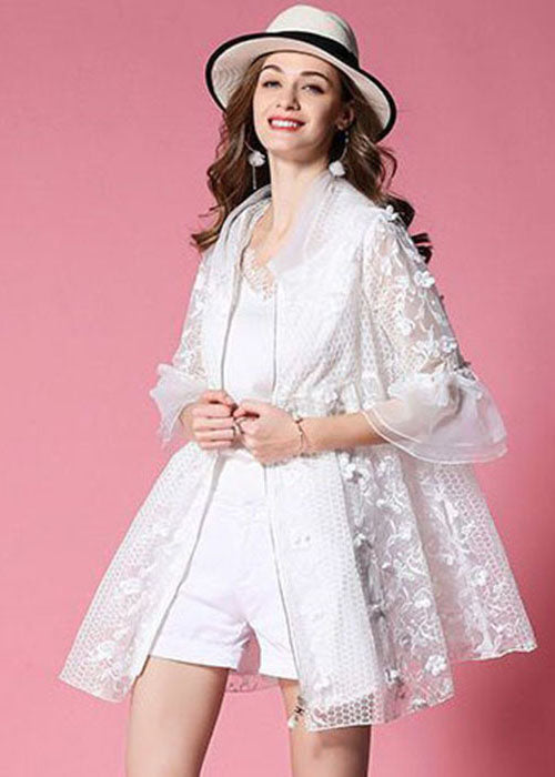White Hooded Hollow Out Applique Organza Jacket Spring