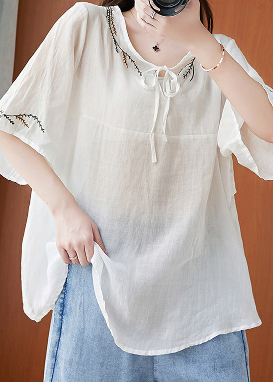 White Neck Tie Tops Half Sleeve