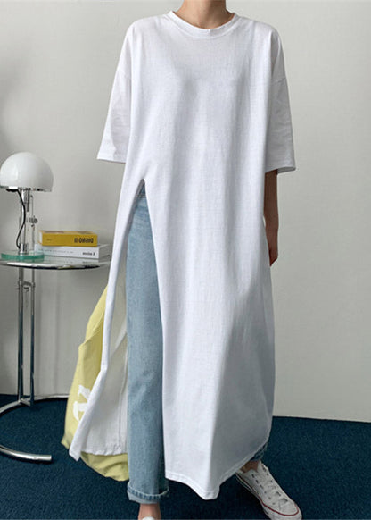 White Polka Dots O-neck Cotton Long T Shirt Half Sleeve