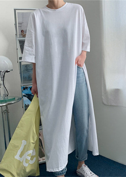 White Polka Dots O-neck Cotton Long T Shirt Half Sleeve
