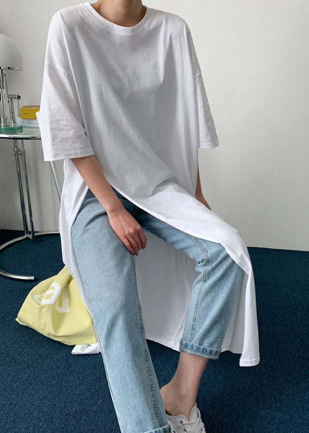 White Geometry O-neck Cotton Long T Shirt Half Sleeve