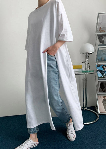 White Geometry O-neck Cotton Long T Shirt Half Sleeve