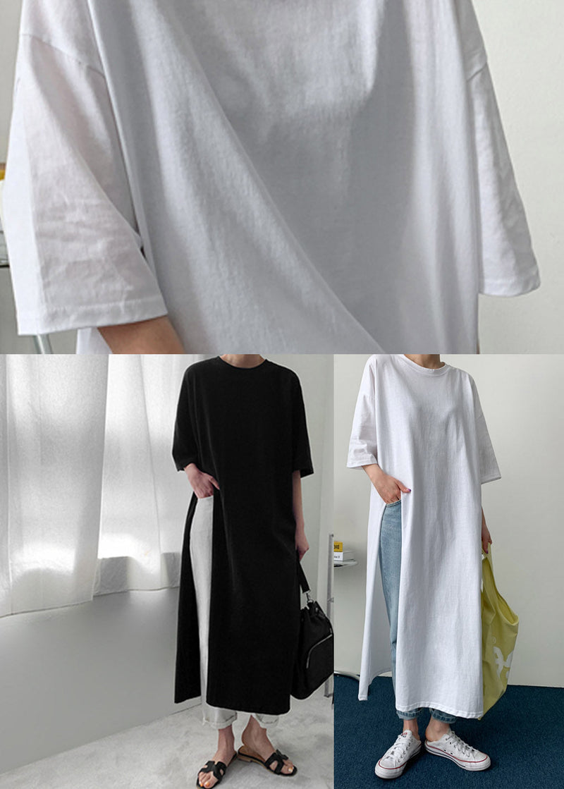 White Polka Dots O-neck Cotton Long T Shirt Half Sleeve