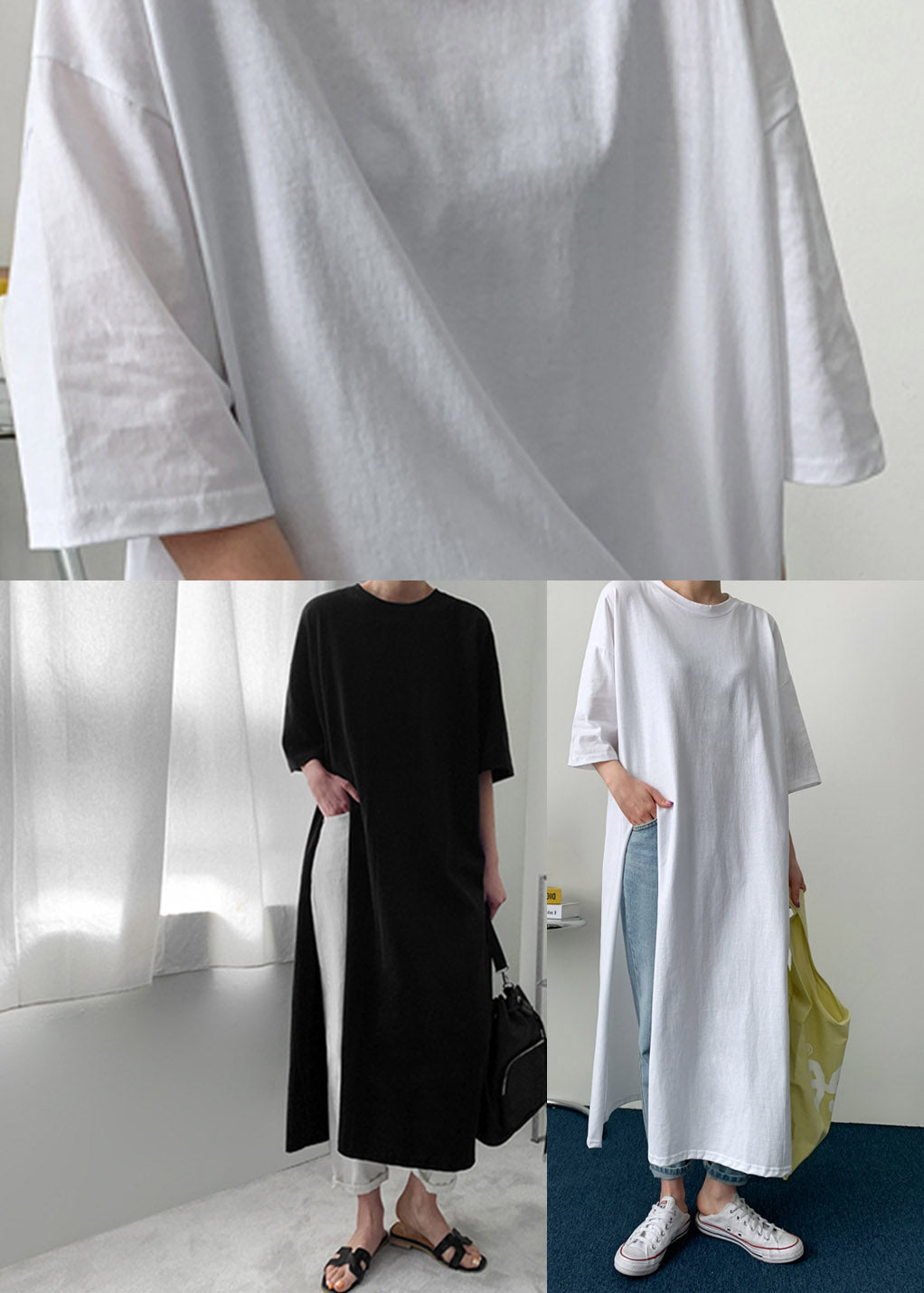White Flowers O-neck Cotton Long T Shirt Half Sleeve