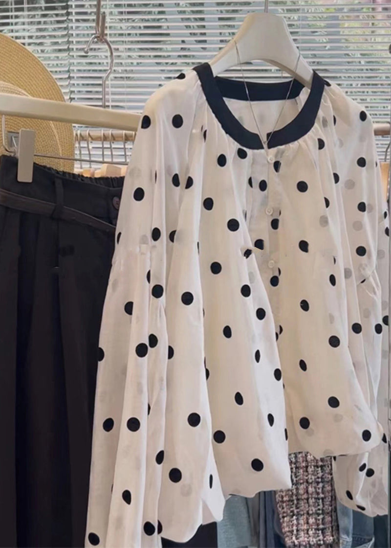 White O Neck Dot Button Cotton Shirts Long Sleeve