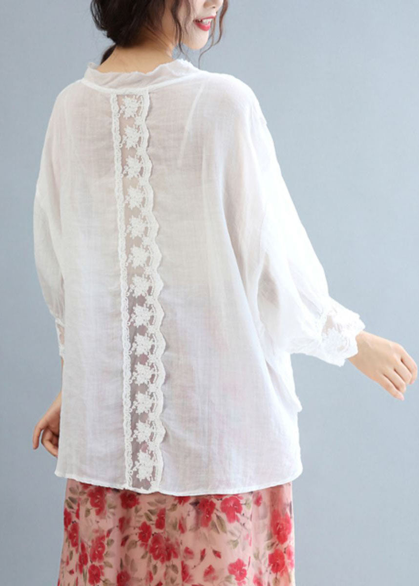 White O-neck Oversized Linen Blouse Tops Bracelet Sleeve