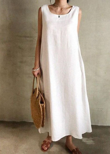 White O Neck Patchwork Cotton Maxi Dress Sleeveless
