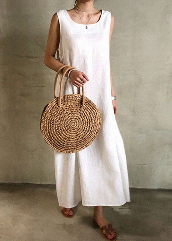 White O Neck Patchwork Cotton Maxi Dress Sleeveless