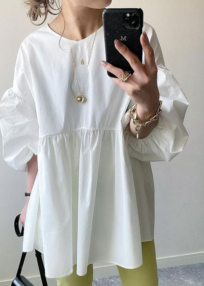 White O Neck Patchwork Cotton Shirt Tops Lantern Sleeve