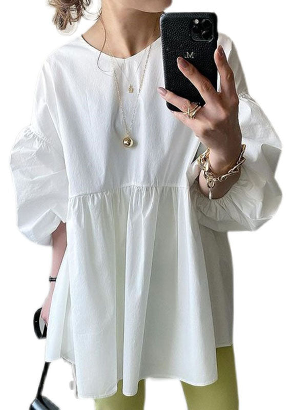 White O Neck Patchwork Cotton Shirt Tops Lantern Sleeve