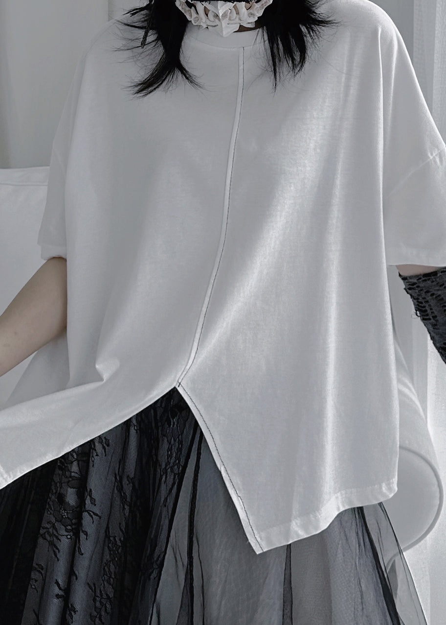 White O-neck Patchwork Cotton Tops Summer