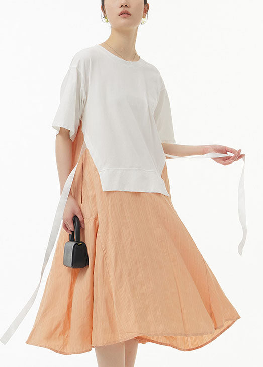 White O Neck Patchwork False Two Pieces Cotton Dress Summer