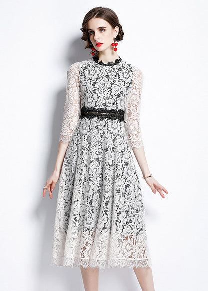 White O-neck Patchwork Lace Party Dress Bracelet Sleeve