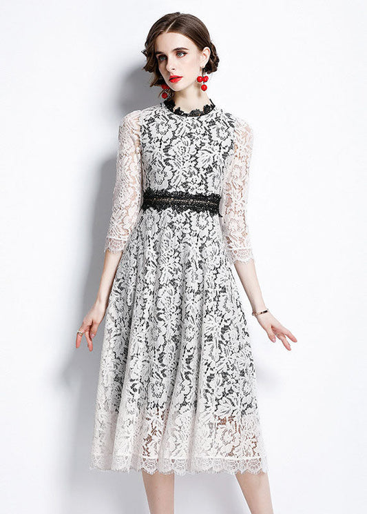 White O-neck Patchwork Lace Party Dress Bracelet Sleeve