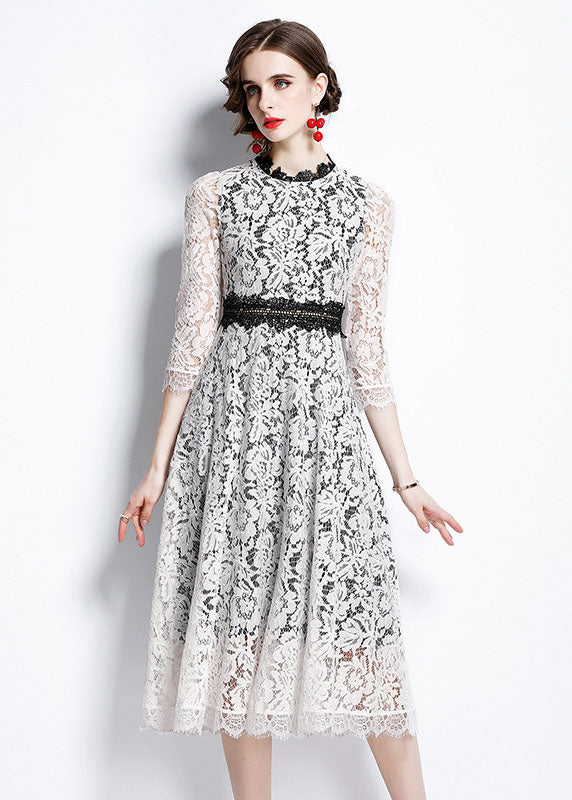White O-neck Patchwork Lace Party Dress Bracelet Sleeve
