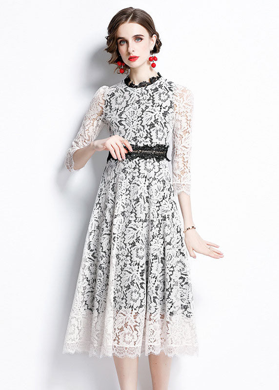 White O-neck Patchwork Lace Party Dress Bracelet Sleeve