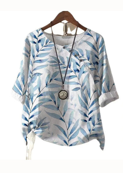 White O Neck Print Patchwork Linen T Shirts Summer