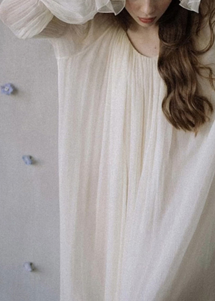 White O-neck Chiffon Dress Petal Sleeve