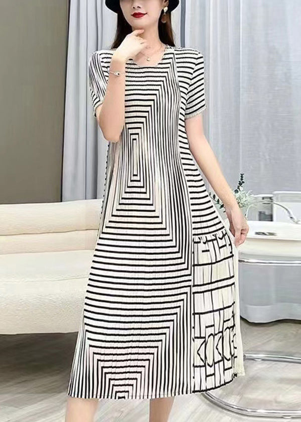 White O Neck Striped Wrinkled Silk Dresses Summer