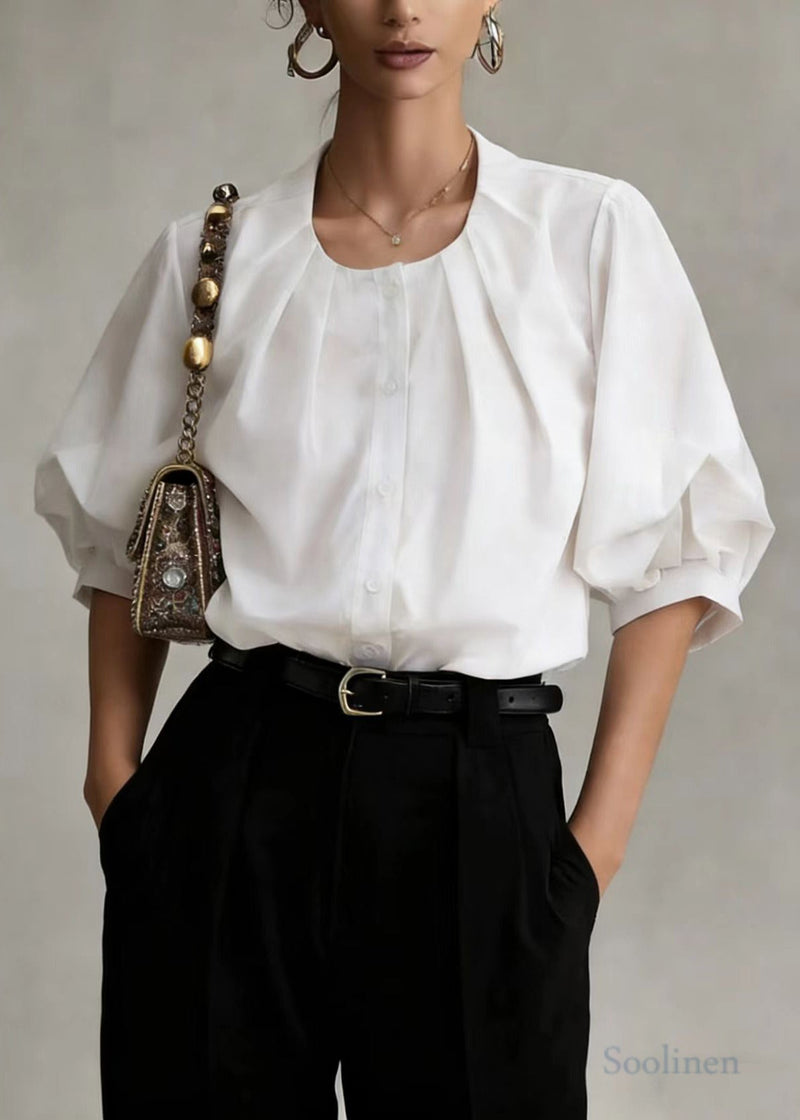 White O-neck Wrinkled Cotton Blouses Lantern Sleeve