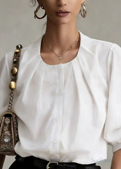 White O-neck Wrinkled Cotton Blouses Lantern Sleeve