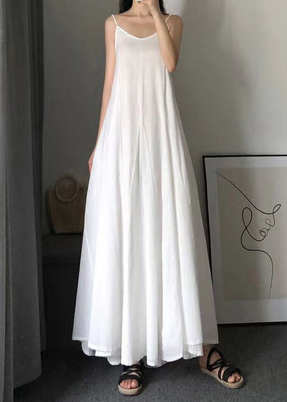 White O Neck Wrinkled Patchwork Cotton Spaghetti Strap Dress Summer