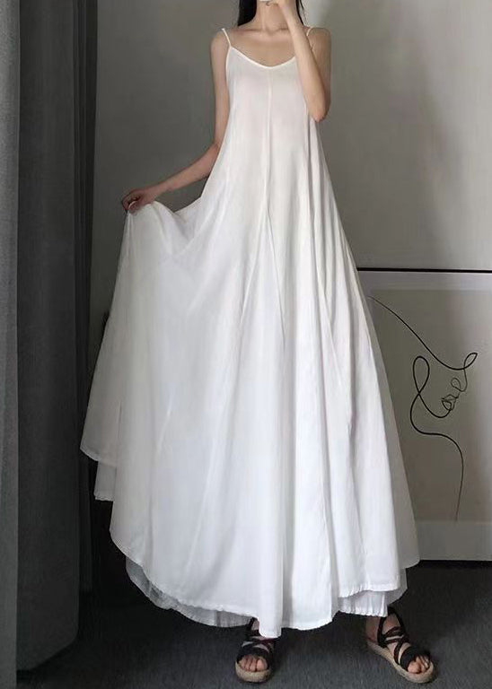 White O Neck Wrinkled Patchwork Cotton Spaghetti Strap Dress Summer