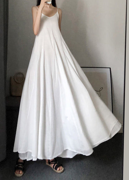 White O Neck Wrinkled Patchwork Cotton Spaghetti Strap Dress Summer