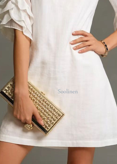White O-neck Zircon Cotton Day Dress Petal Sleeve
