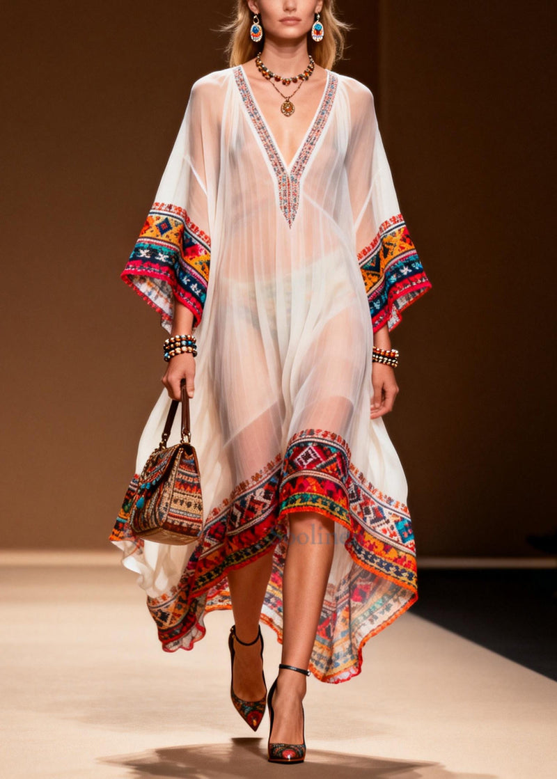 White Oversized Print Chiffon Maxi Dresses Summer