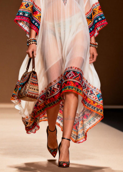 White Oversized Print Chiffon Maxi Dresses Summer