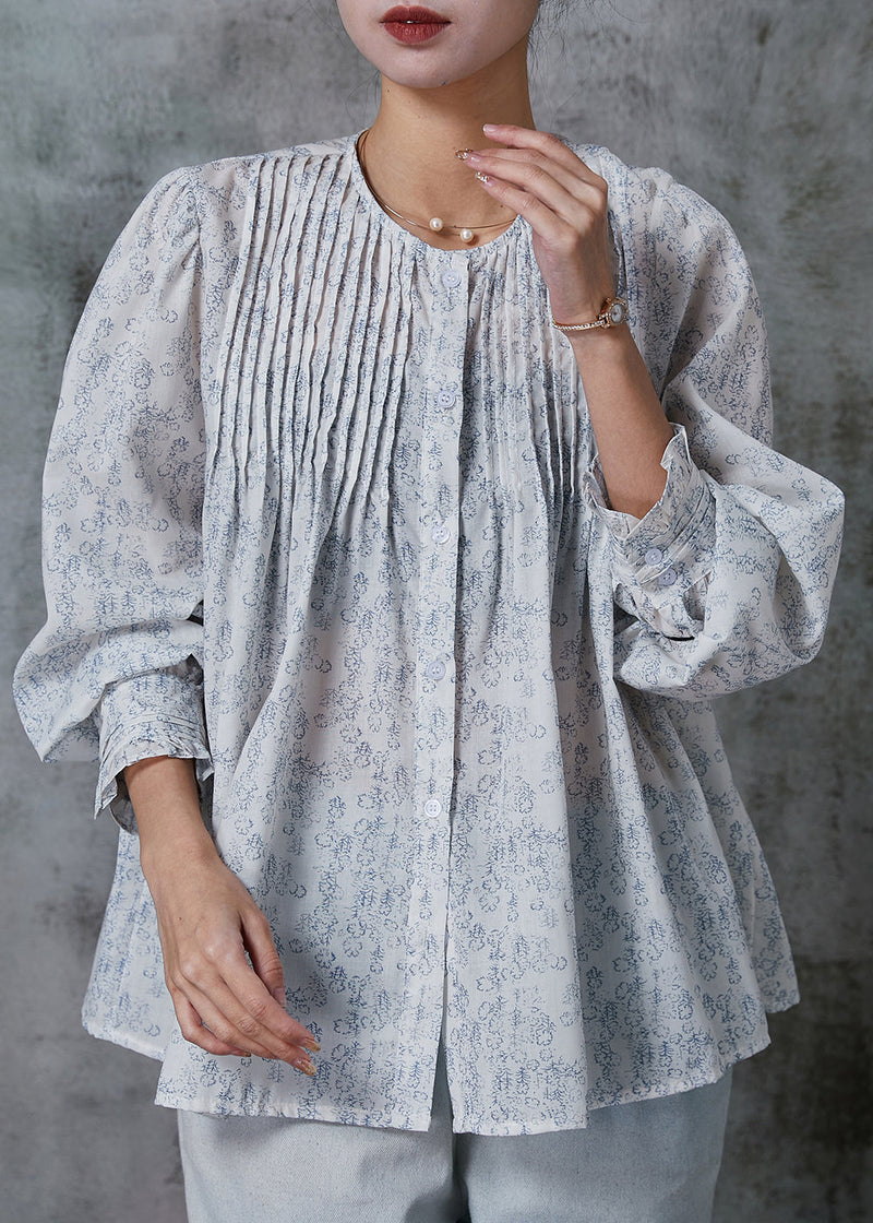 White Oversized Print Wrinkled Cotton Shirt Top Spring