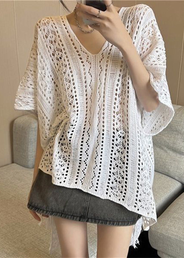 White Oversized Side Open Hollow Out Knit Long Smock Summer
