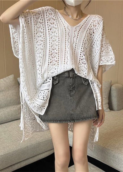 White Oversized Side Open Hollow Out Knit Long Smock Summer