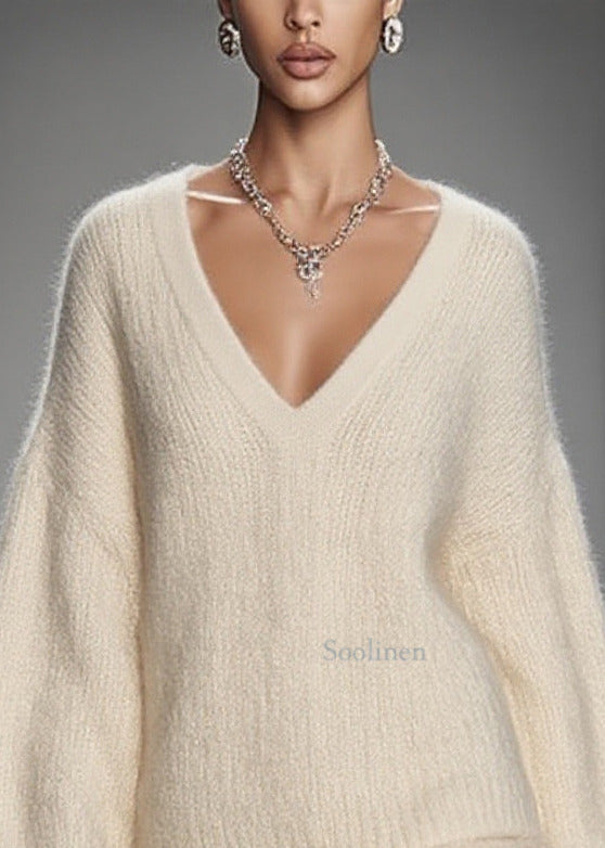 White Oversized Warm Knit Sweater and Skirt Two Pieces Set Spring