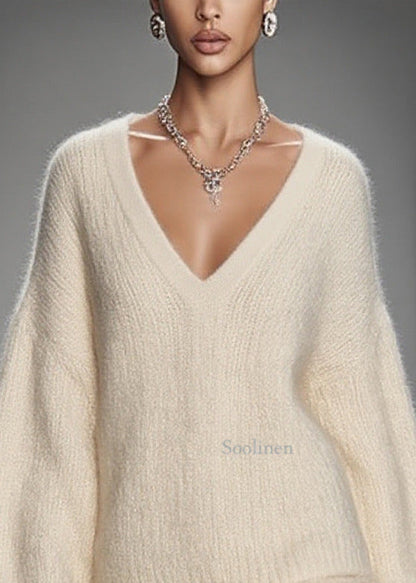White Oversized Warm Knit Sweater and Skirt Two Pieces Set Spring