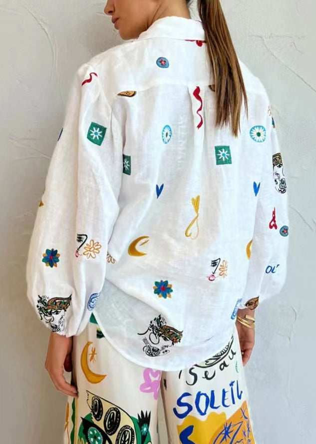 White Peter Pan Collar Button Print Cotton Blouses Long Sleeve